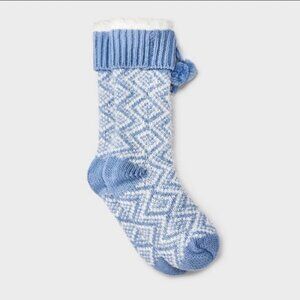 Women's Feather Knit Geo Faux Shearling Lined Slipper Socks with Poms & Grippers